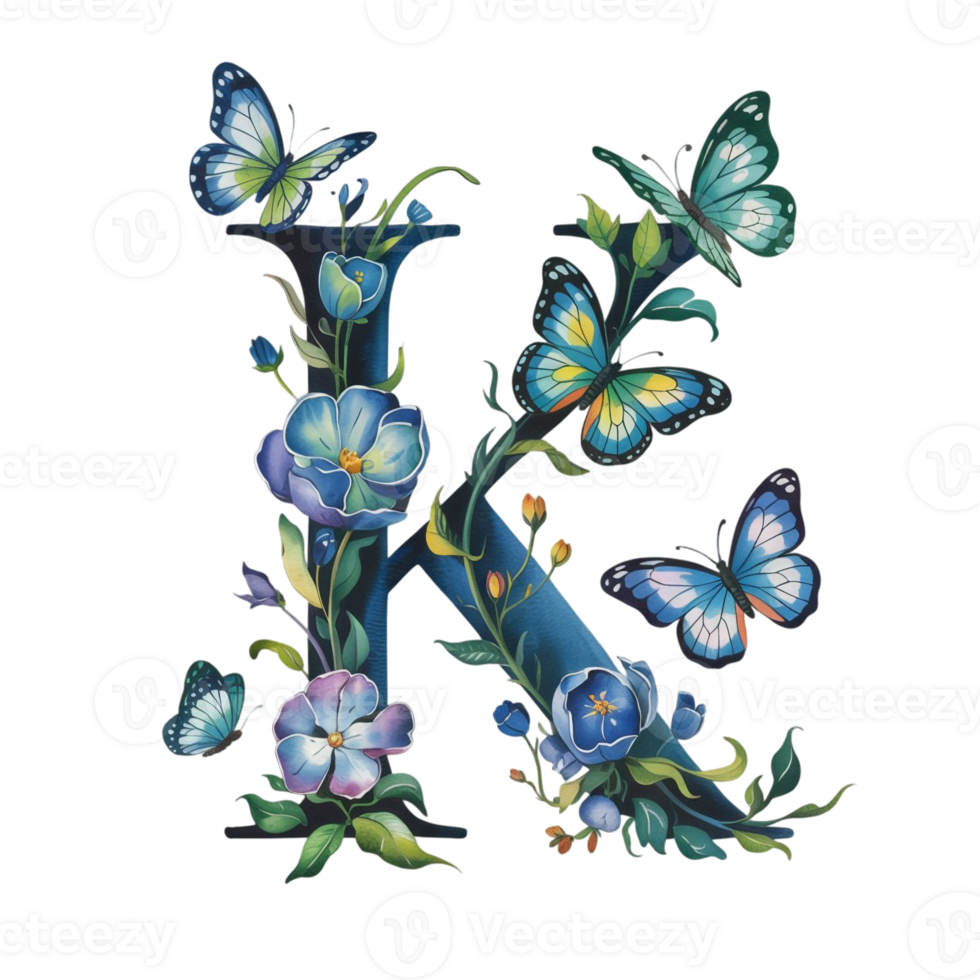 A large letter k is adorned with blue flowers and butterflies, creating a whimsical and nature-inspired design cutouts png