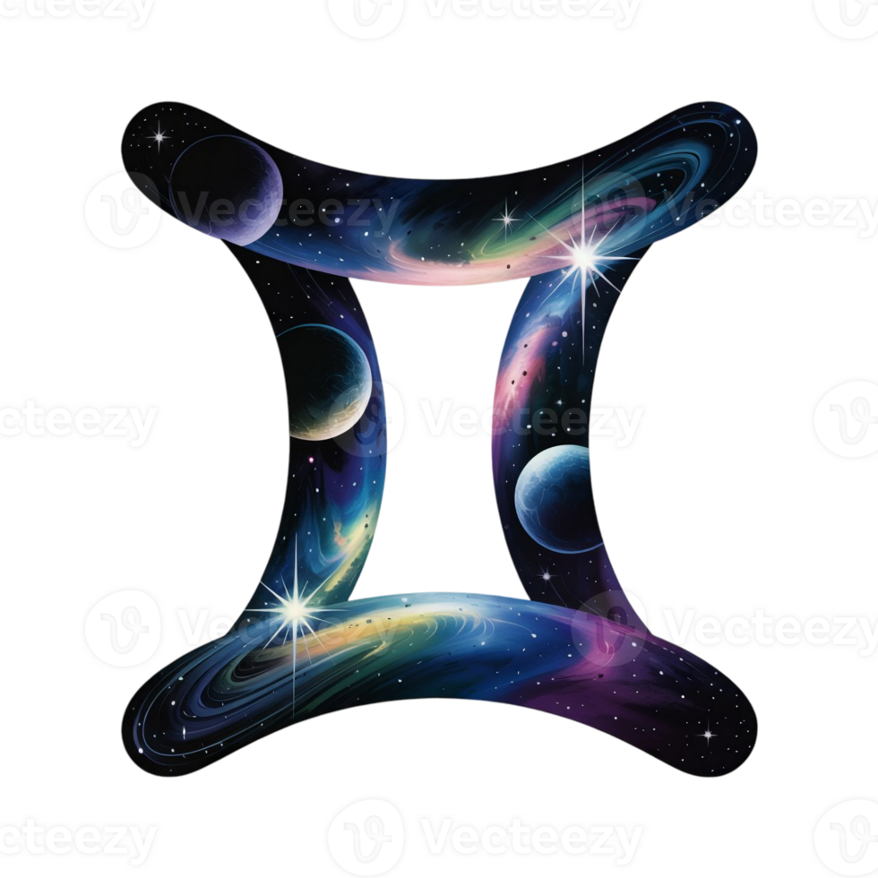 A cosmic-themed design forms a Gemini zodiac shape, filled with swirling galaxies and distant planets against a starry backdrop. cutouts png