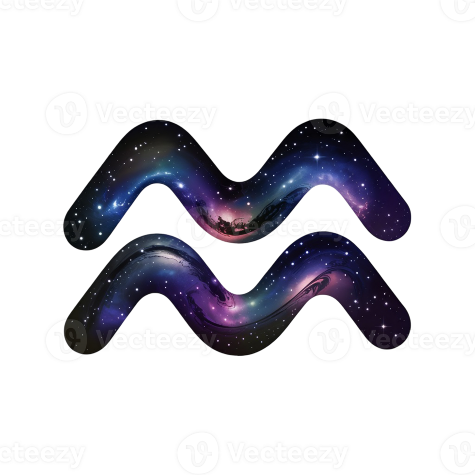 A stylized Aquarius zodiac sign is depicted with a vibrant space-themed design, featuring stars and nebulae. cutouts png