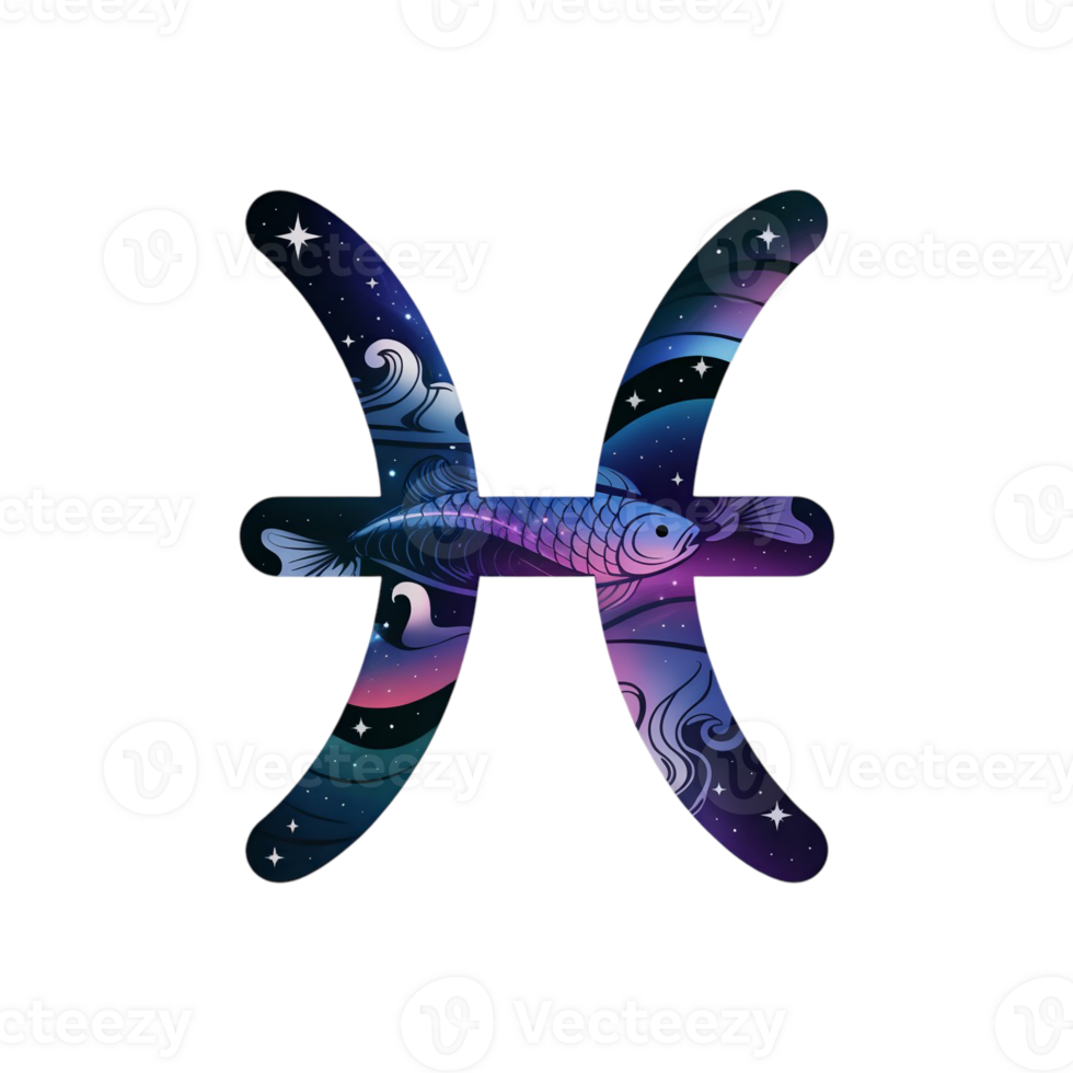 A stylized Pisces symbol features a fish intertwined with cosmic elements like stars and waves, set against a gradient of deep blue and purple cutouts png