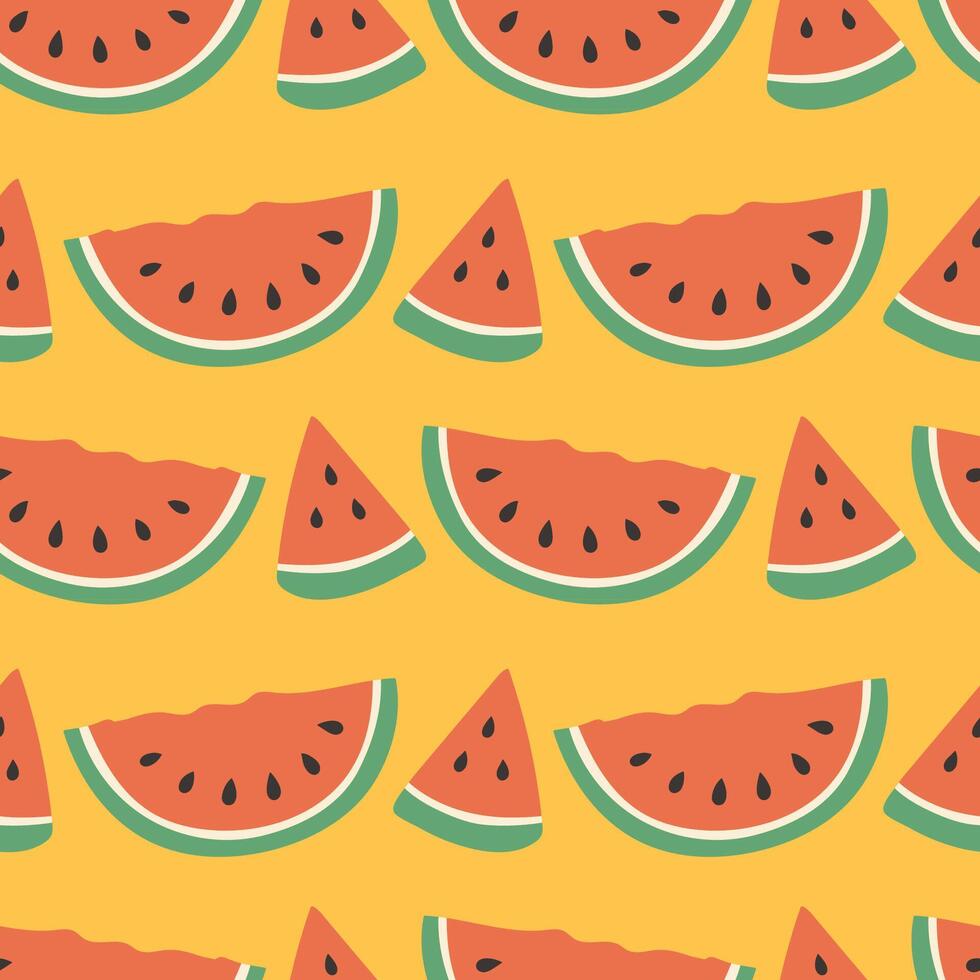 Watermelon summer pattern on yellow background. Simple seamless pattern with watermelon slices. design for greeting card and invitation of seasonal summer holiday vector