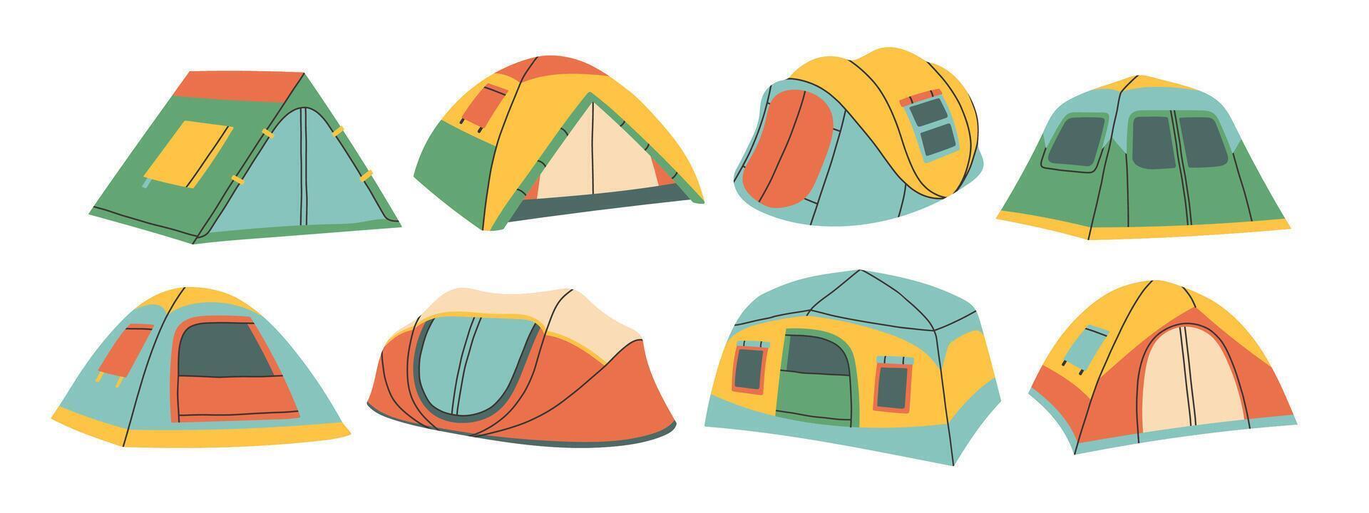 Camping tents set. Simple flat illustration of colorful dome and A-frame tents for outdoor adventure, hiking, and camping. Summer travel, wilderness exploration, and nature trip concept vector