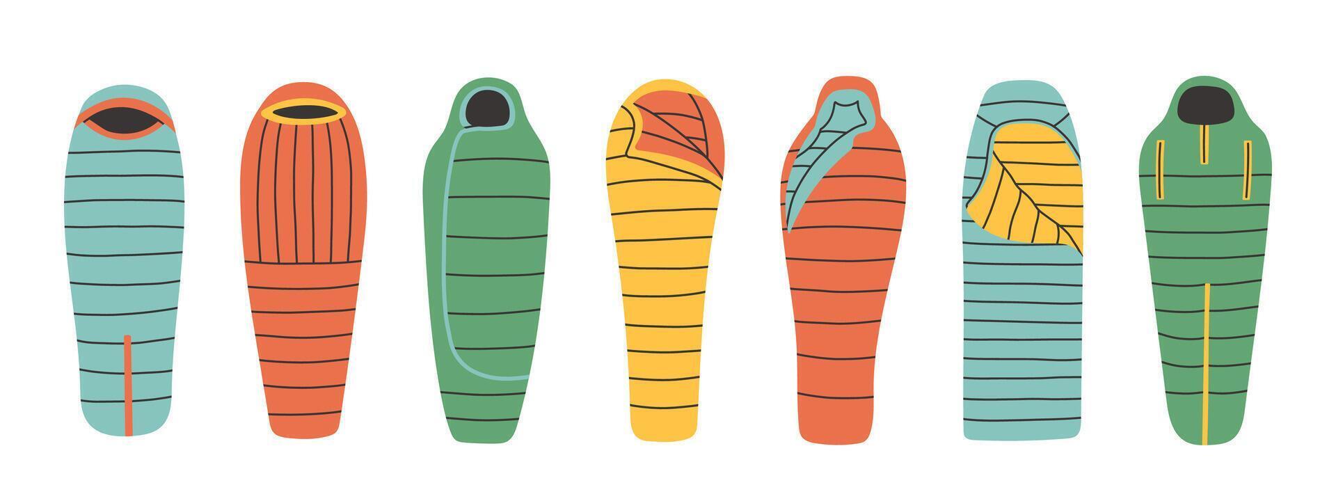 Sleeping bag set. Simple sleeping bag collection for outdoor. Various styles and colors suitable for different weather conditions. vector