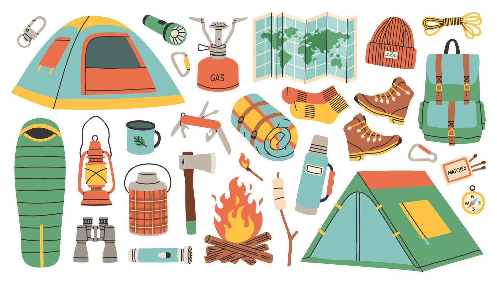 Camping and hiking simple set. Hand drawn elements outfit, tent, campfire, map. Perfect for scrapbooking, craft projects, posters, tags, sticker kit. vector