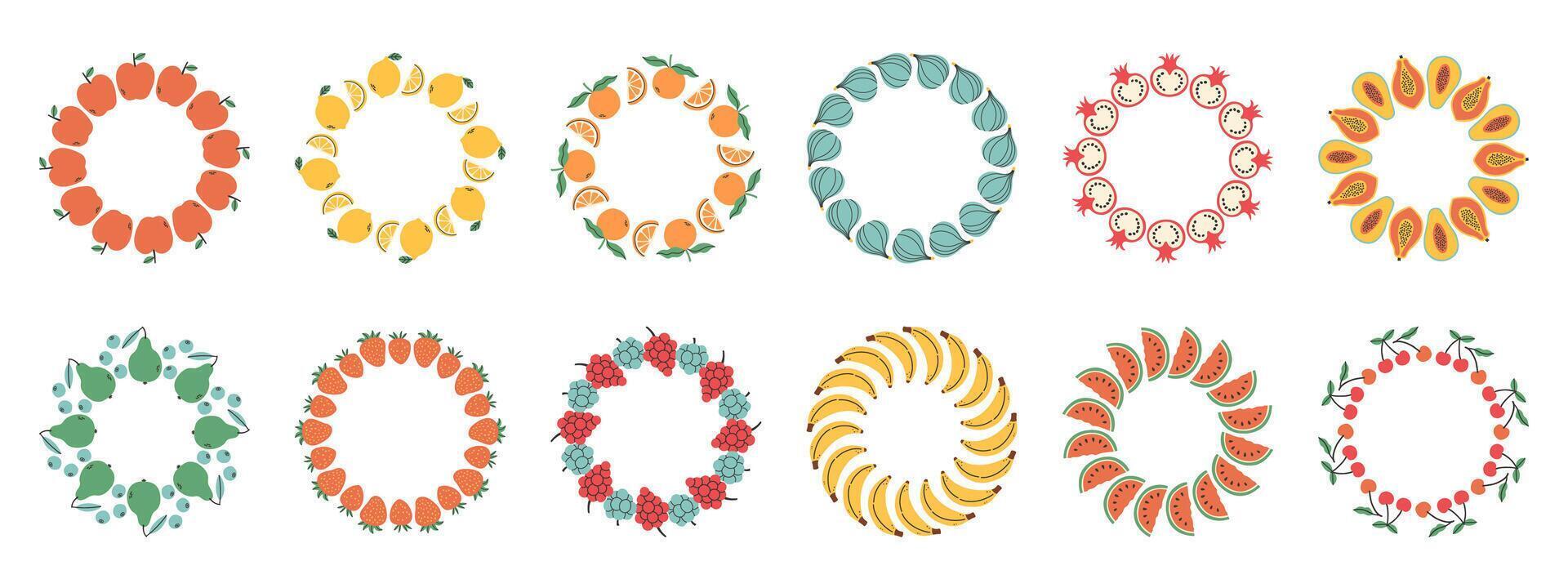 Simple fruit frame set. Different fruits design template, copy space. Cute hand drawn fruits round frame in doodle style. Circular template. Hand drawn fruits circle border. vector