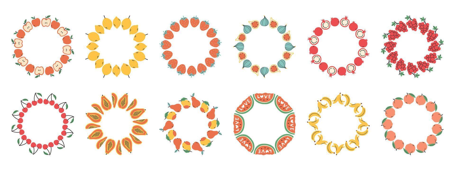 Fruit simple frame set. Different fruits design template, copy space. Cute hand drawn fruits round frame in doodle style. Circular template. Hand drawn fruits circle border. vector