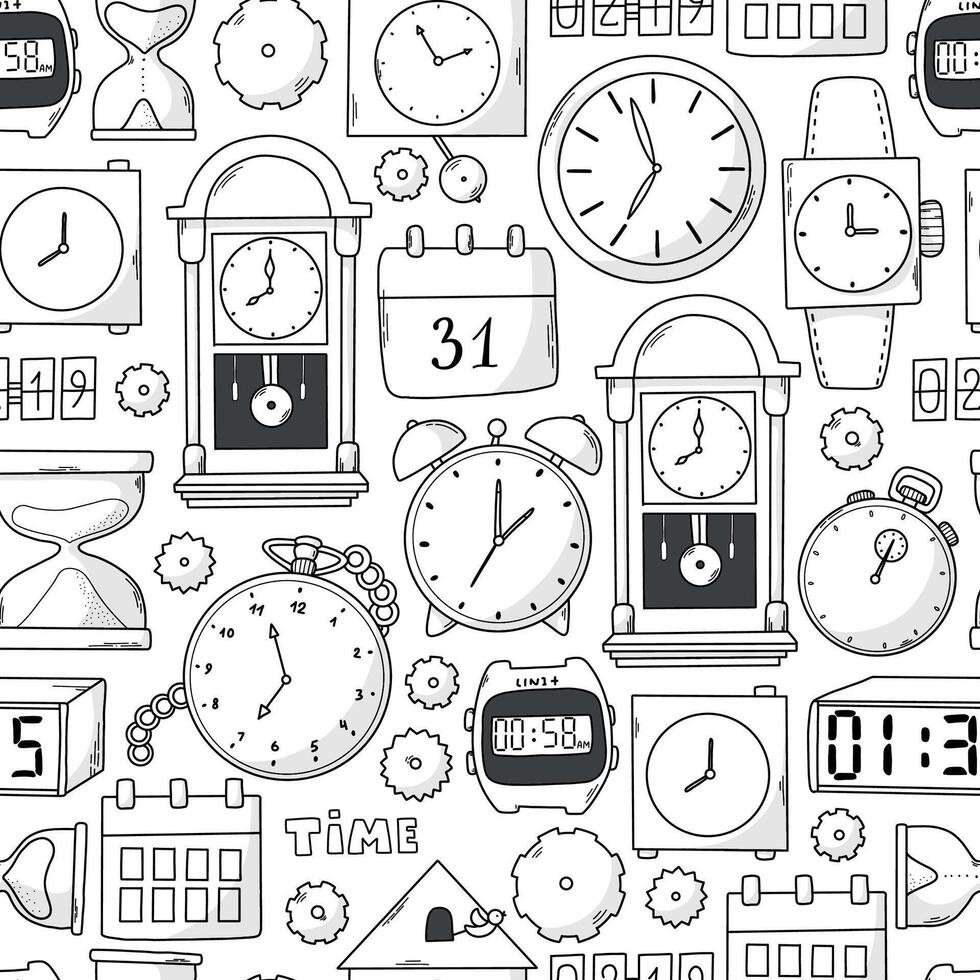 Watches and clocks doodles seamless pattern for coloring pages, backgrounds, wallpaper, prints, etc. EPS 10 vector