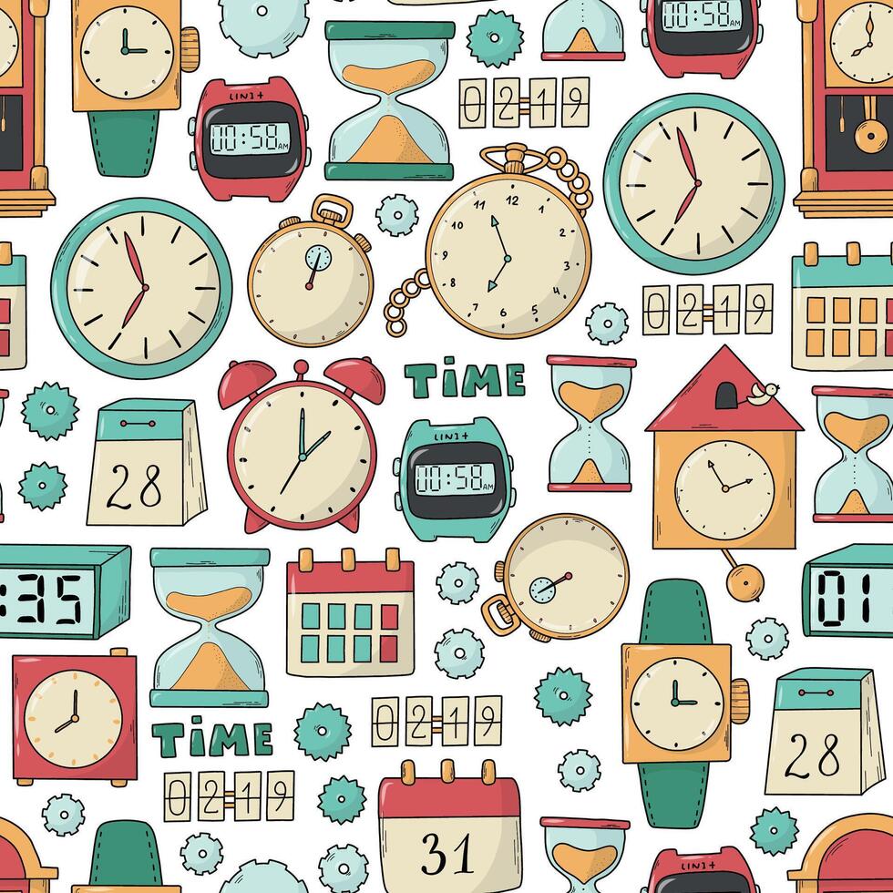 Watches, clocks doodles seamless pattern for wallpaper, backgrounds, scrapbooking, stationery, wrapping paper, etc. EPS 10 vector