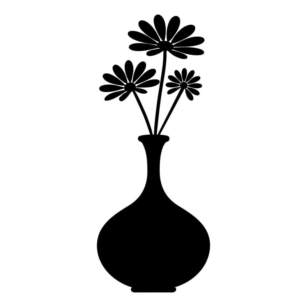 Black and white silhouette of a vase with flowers. vector