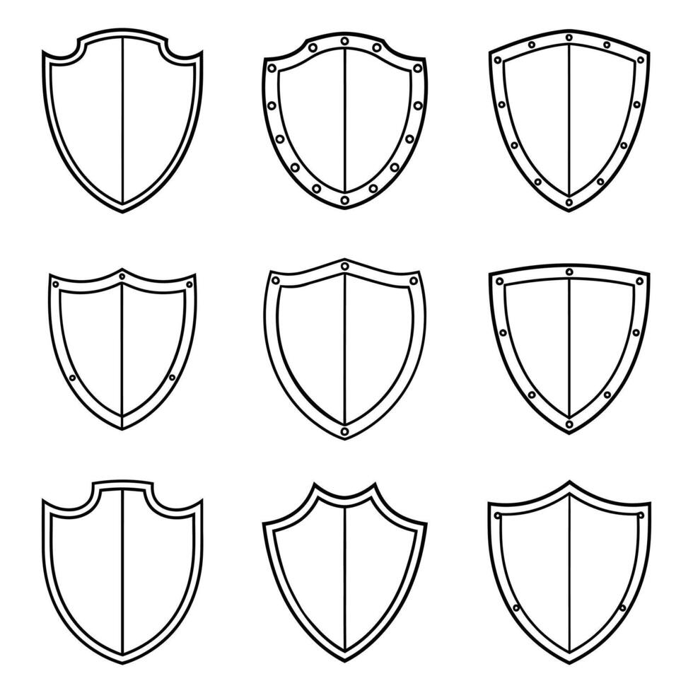 set of nine black and white outline illustrations showcases various medieval shield designs. vector
