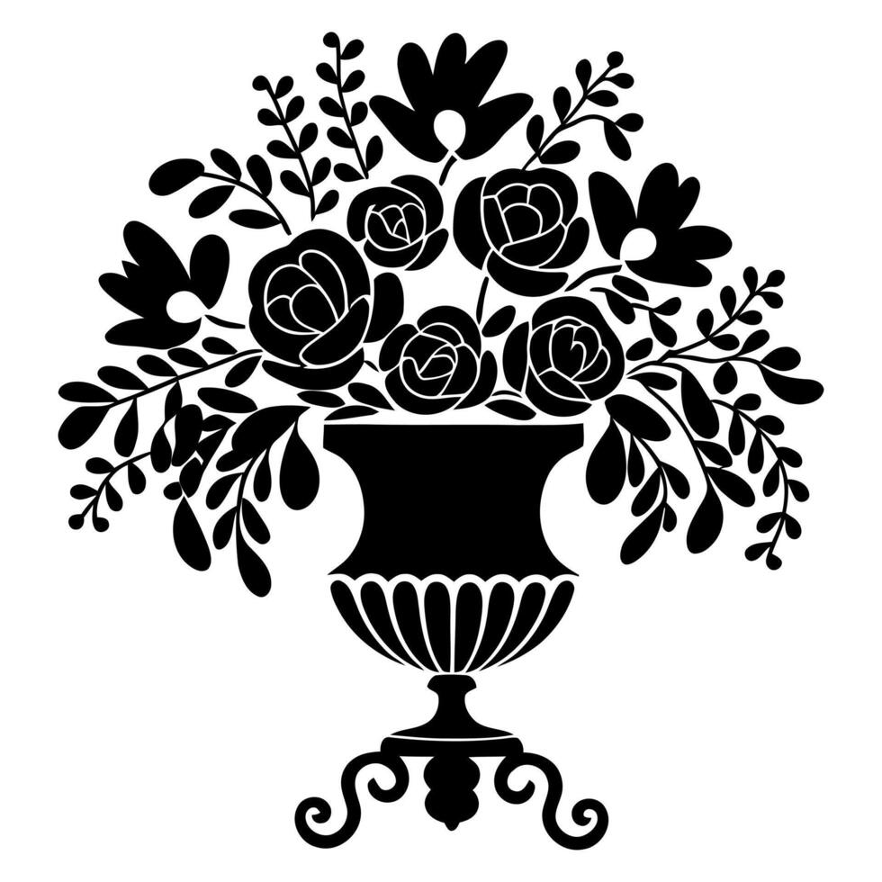 A stylized, black and white illustration of a decorative urn filled with flowers. vector