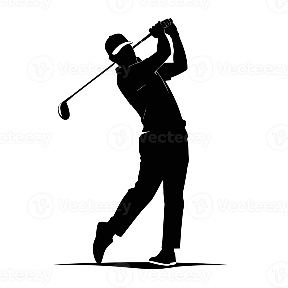 A silhouette of a golfer captures the moment just after a swing, highlighting the dynamic pose and movement. cutouts png