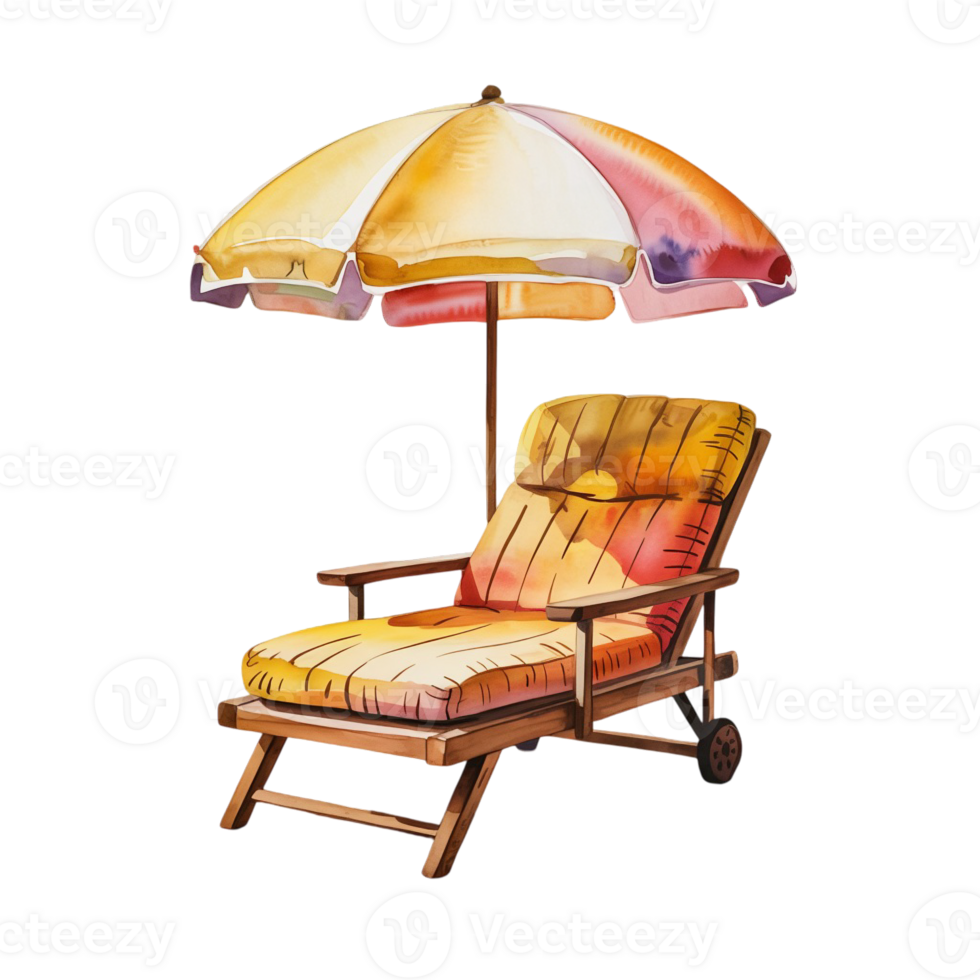A wooden lounge chair with a colorful cushioned seat and backrest is positioned under a matching beach umbrella cutouts png