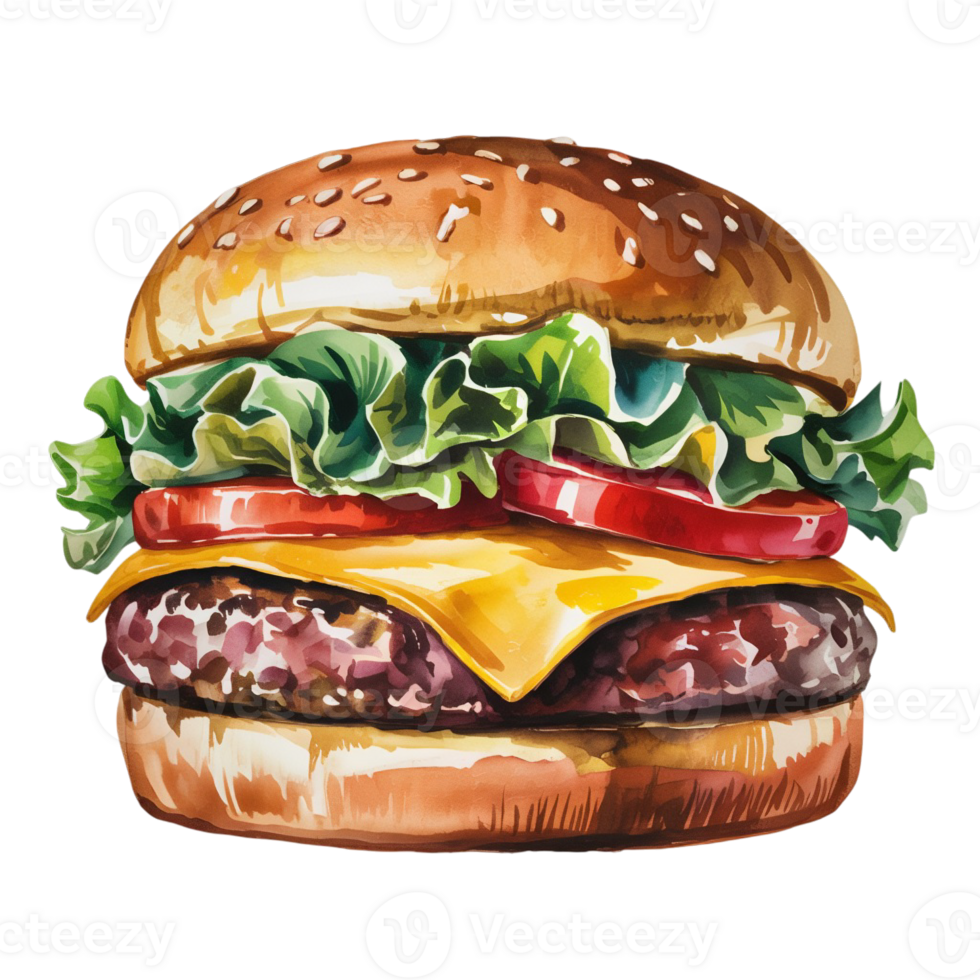 A delicious cheeseburger is shown with fresh lettuce, juicy tomato slices, and a perfectly cooked patty, topped with melted cheese and nestled in a sesame seed bun cutouts png