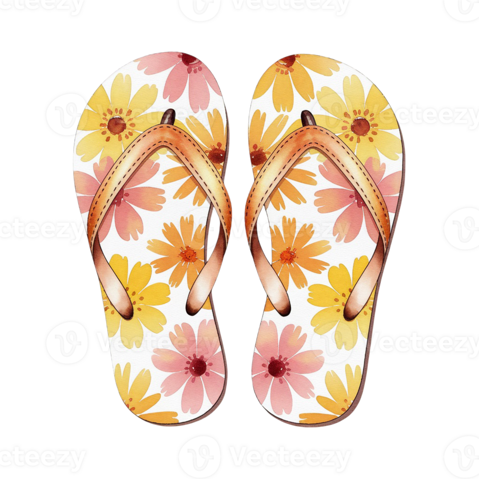 Colorful flip-flops are adorned with bright yellow and pink floral patterns. cutouts png