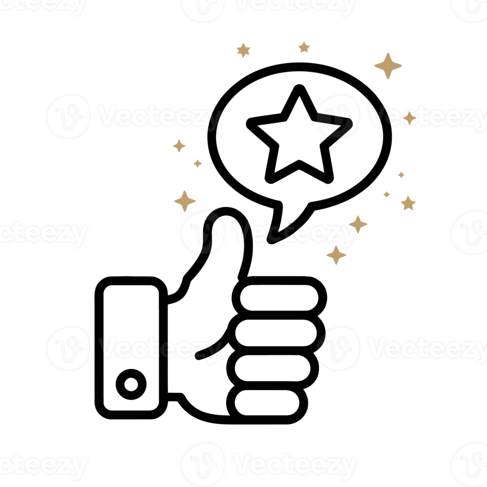 A black outline of a hand giving a thumbs-up is accompanied by a speech bubble containing a star cutouts png