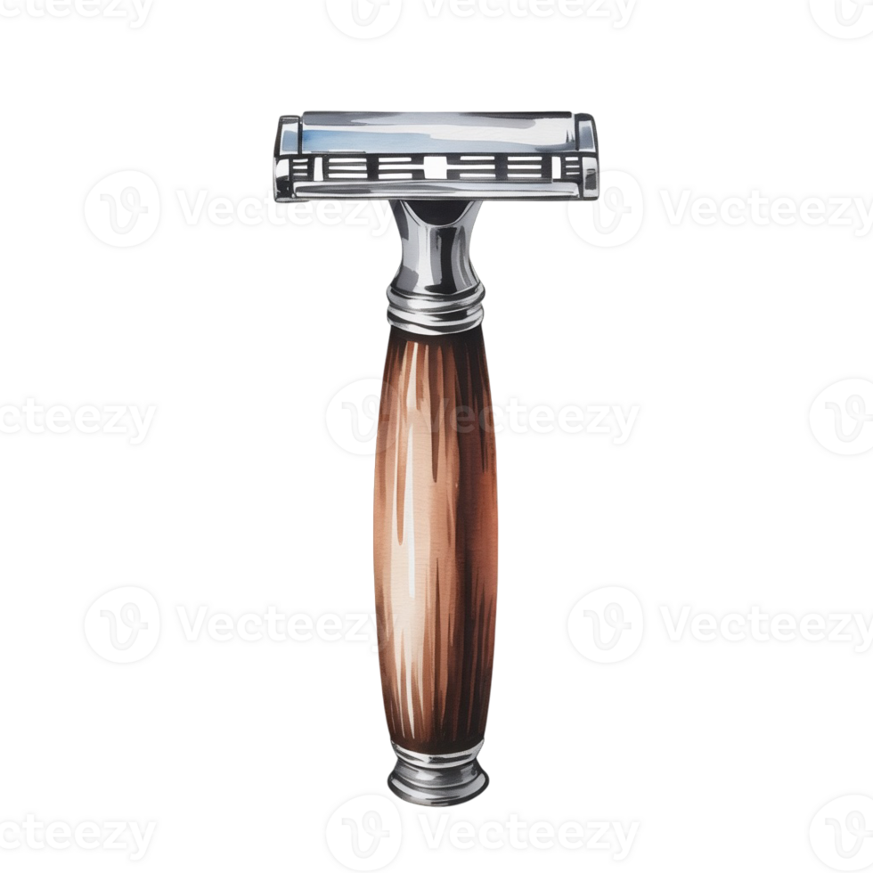 A classic safety razor is shown with a polished metallic head and a wooden handle, combining both modern and traditional elements cutouts png
