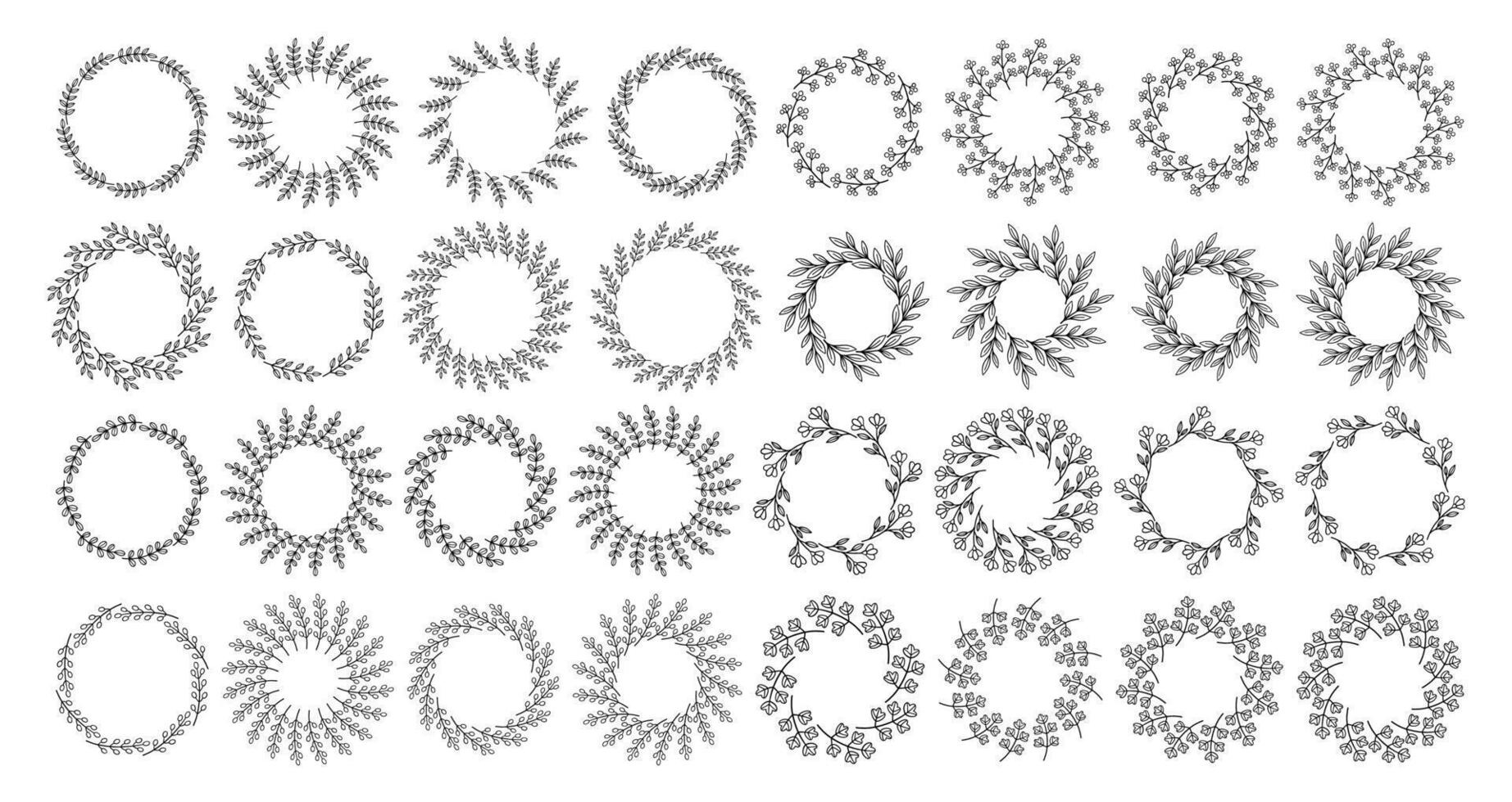 Line flower circle frame set. Hand drawn black round line border, leaves and flowers, wedding invitation and cards, logo design and posters template. Elegant minimal style floral isolated set vector
