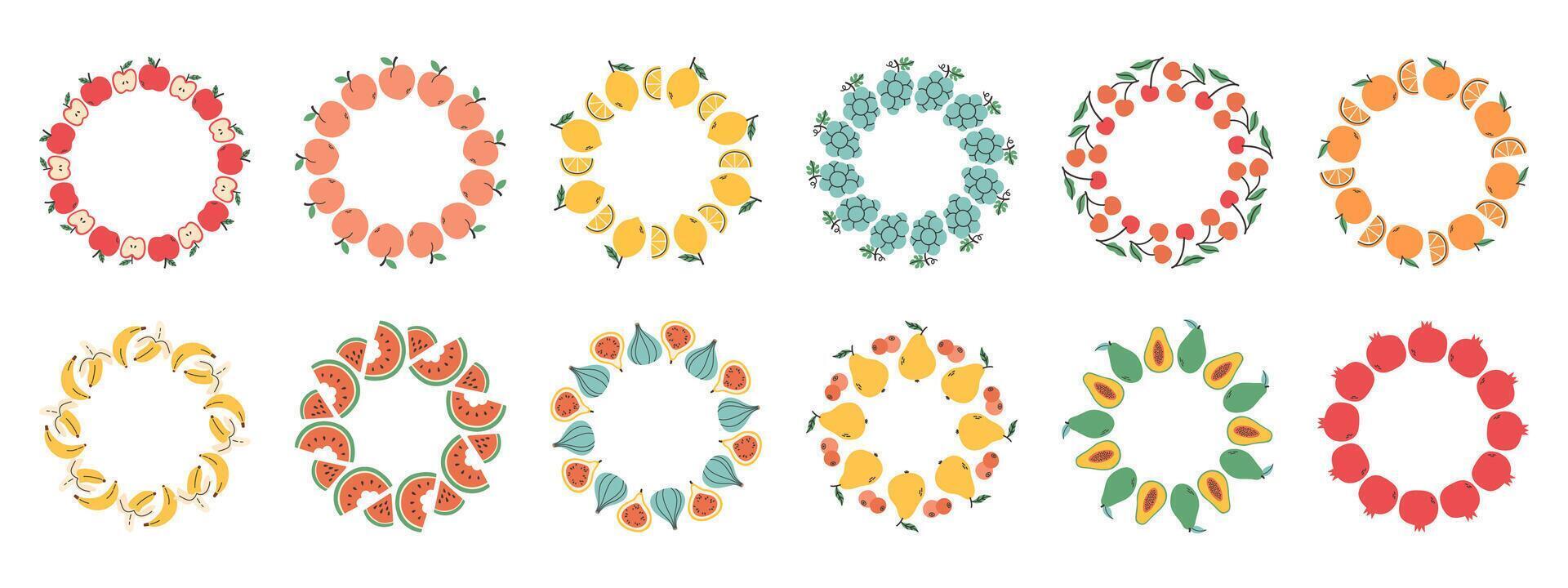 Fruit frame set. Different fruits design template, copy space. Cute hand drawn fruits round frame in doodle style. Circular template. Hand drawn fruits circle border. vector