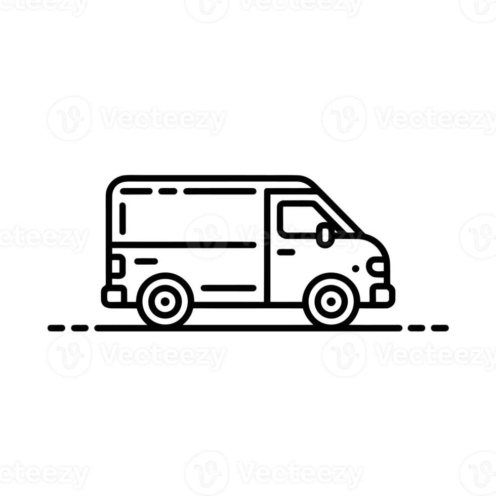 A simple black line drawing depicts a van in profile view, highlighting its outline and essential features. cutouts png