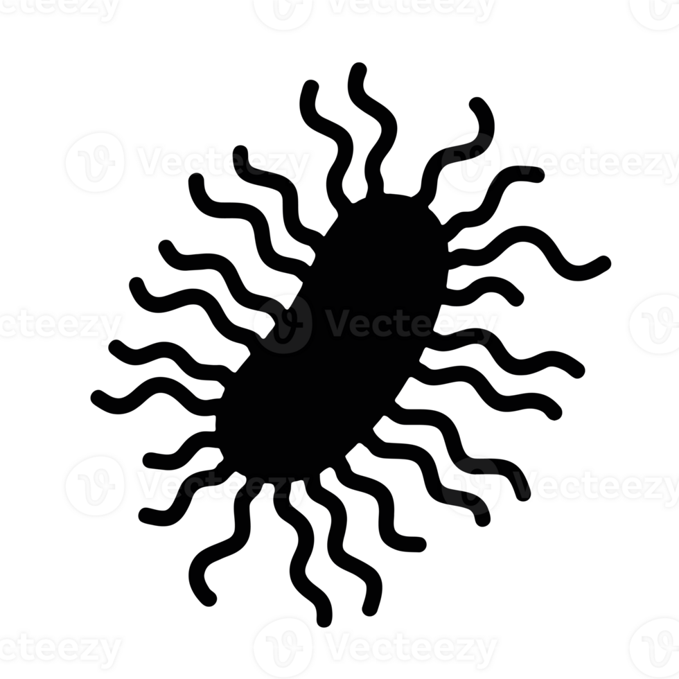 A stylized black silhouette of a bacterium with a central oval shape surrounded by wavy lines.cutouts png