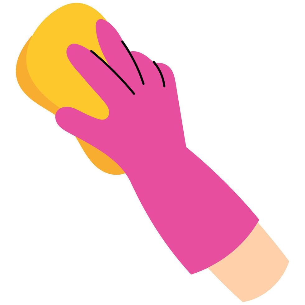 Hand In glove holds cleaning sponge. Hand wearing a pink rubber glove holding a yellow cleaning sponge, representing cleaning, hygiene, and household chores. vector