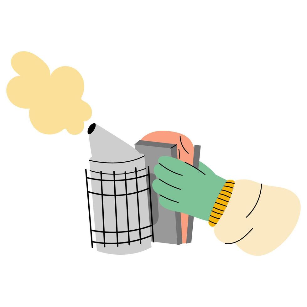 Beekeeper using smoker tool for hive management. Hand operating a smoker, a tool used to calm bees during hive inspection or honey collection. vector