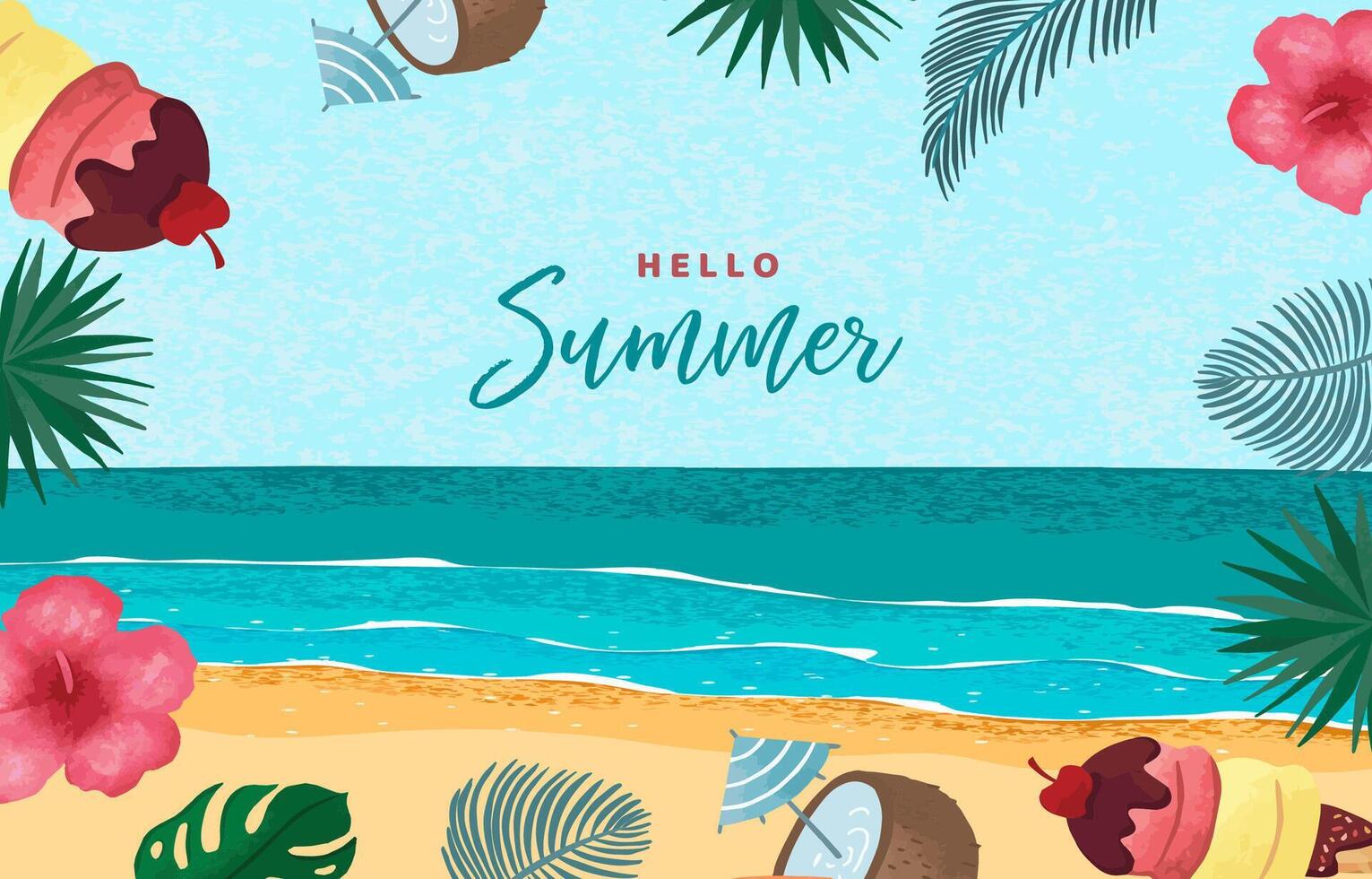 Hello summer background with palm leaves,ice cream,flower frame for horizontal design vector