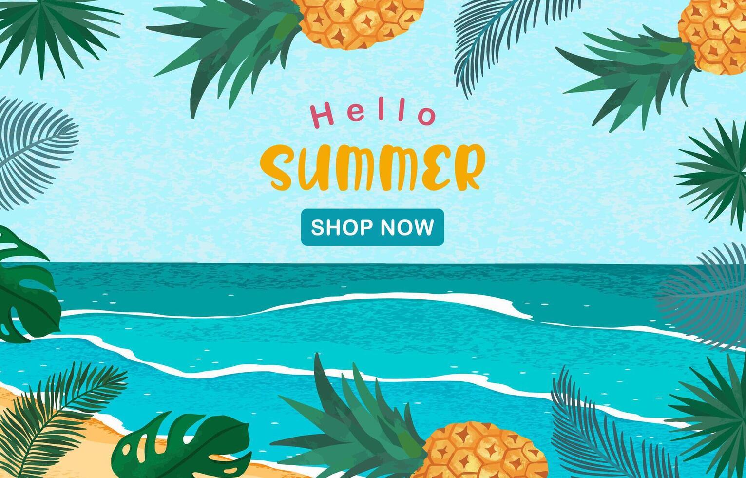 Hello summer background with palm leaves,pineapple frame for horizontal design vector