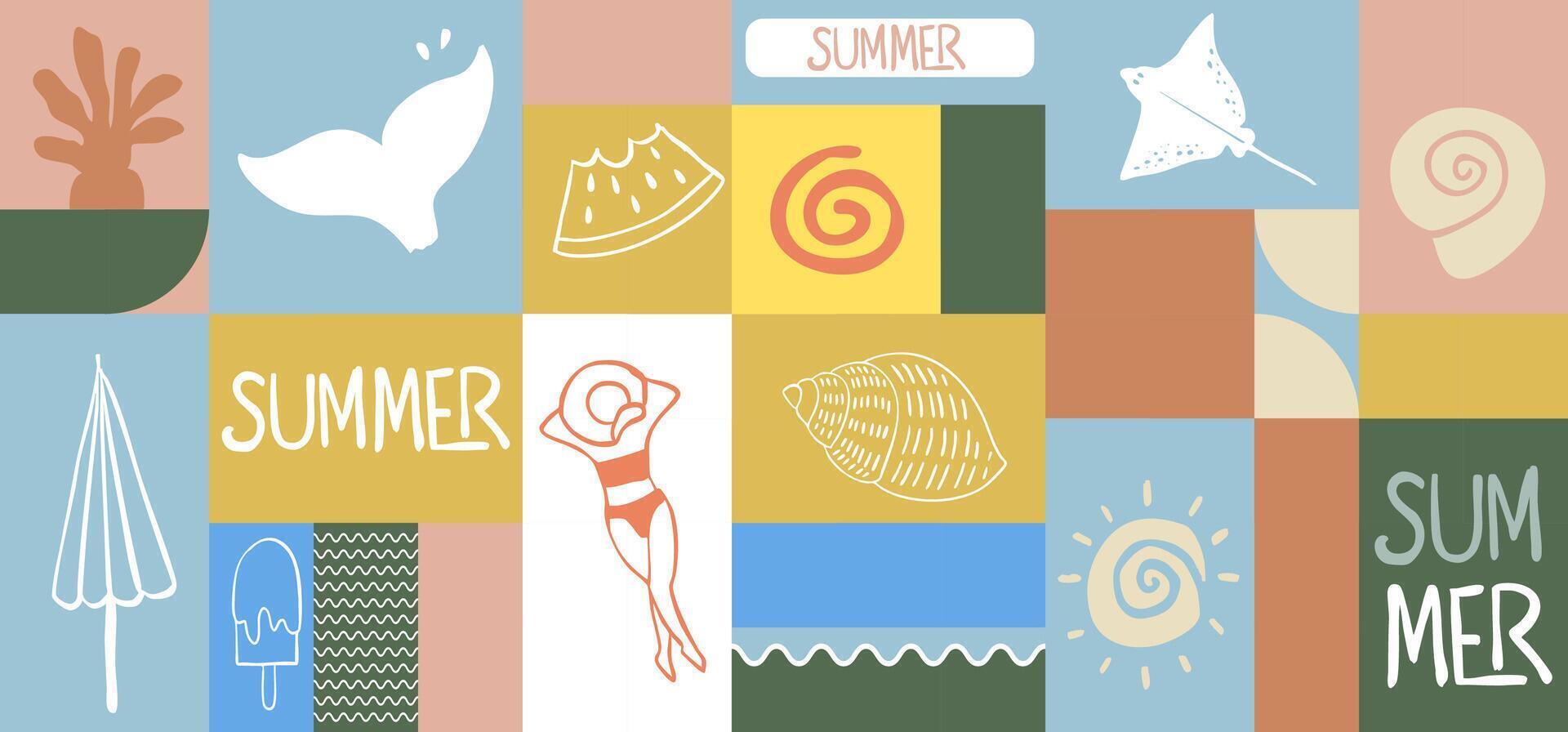 Summer geometric banner background with shell,stingray,fish tail. graphic for horizontal design vector