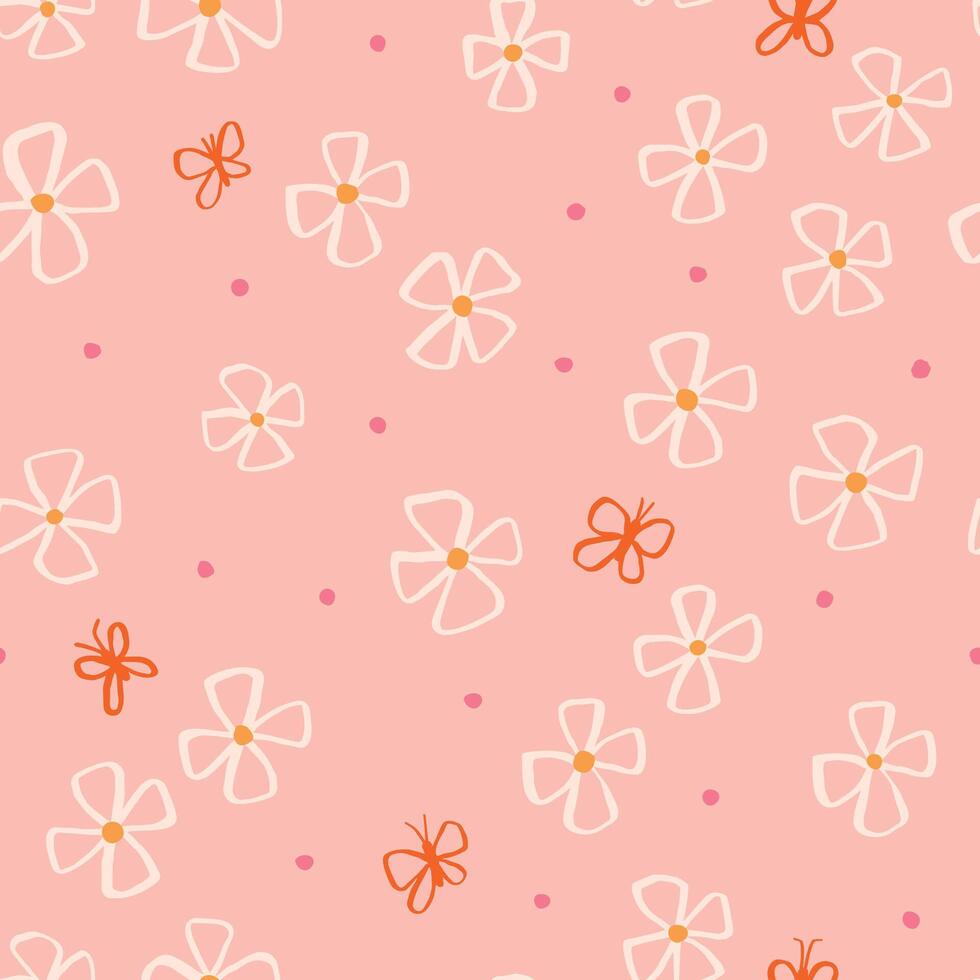 Beautiful Floral Seamless Pattern with Butterflies. Simple and Elegant Texture with Flowers in Pastel Pink vector