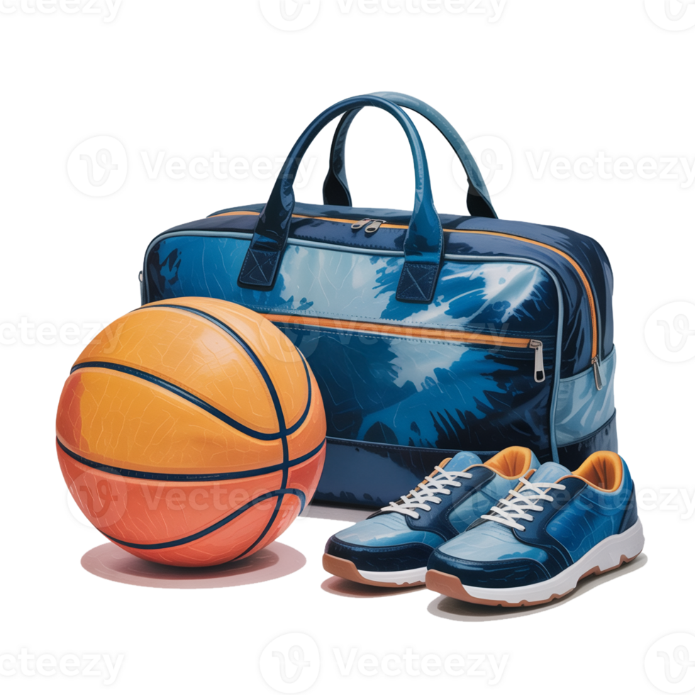 A stylish blue sports bag is accompanied by a matching pair of sneakers and an orange basketball. cutouts png