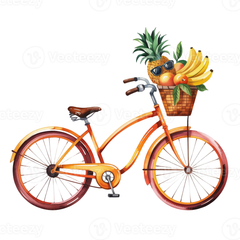 A colorful bicycle is shown with a basket full of tropical fruits like pineapples and bananas. cutouts png