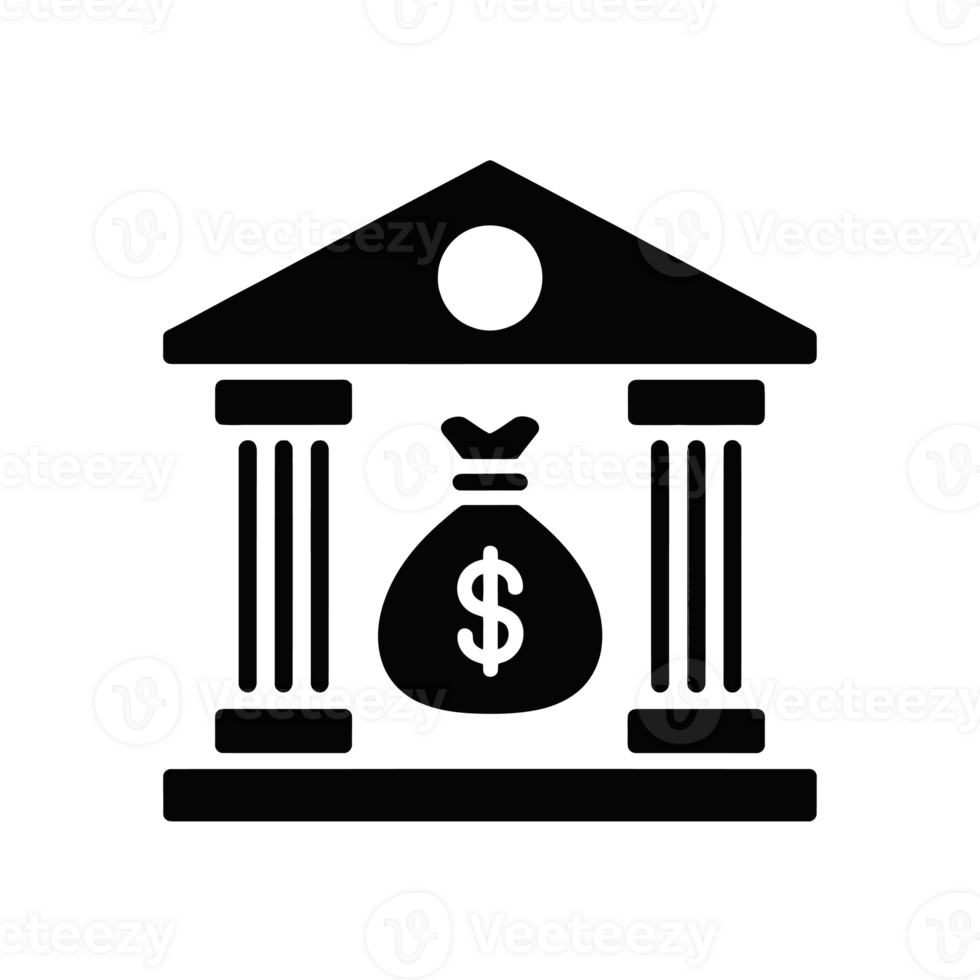 A black icon depicts a bank building with columns and a money bag with a dollar sign in the center. cutouts png