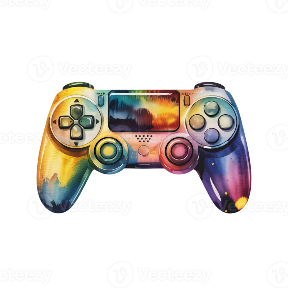 A game controller is adorned with a vivid splash of colors, blending hues of yellow, blue, purple, and pink cutouts png