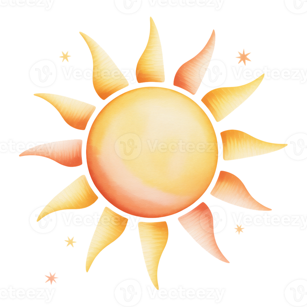 A stylized sun with wavy rays radiates warmth and is surrounded by small stars cutouts png