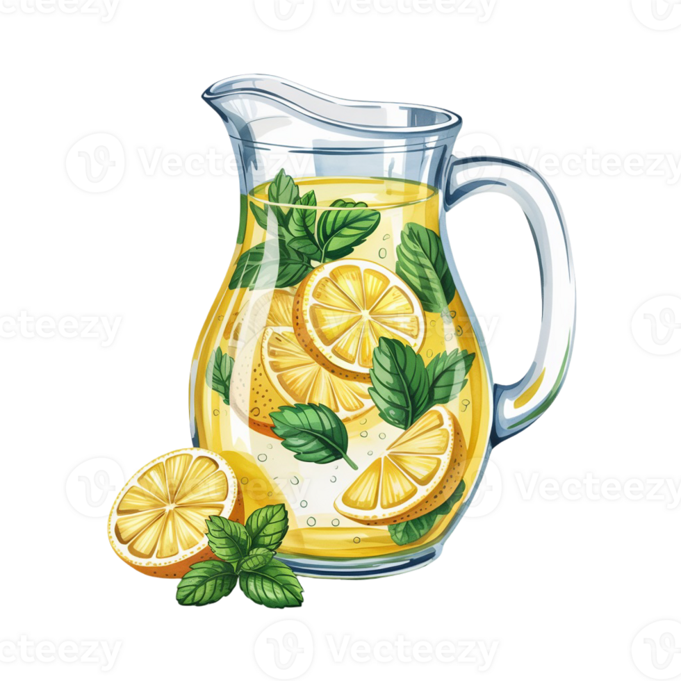A glass pitcher filled with refreshing lemonade features slices of lemon and sprigs of mint, conveying a sense of freshness and summer cutouts png