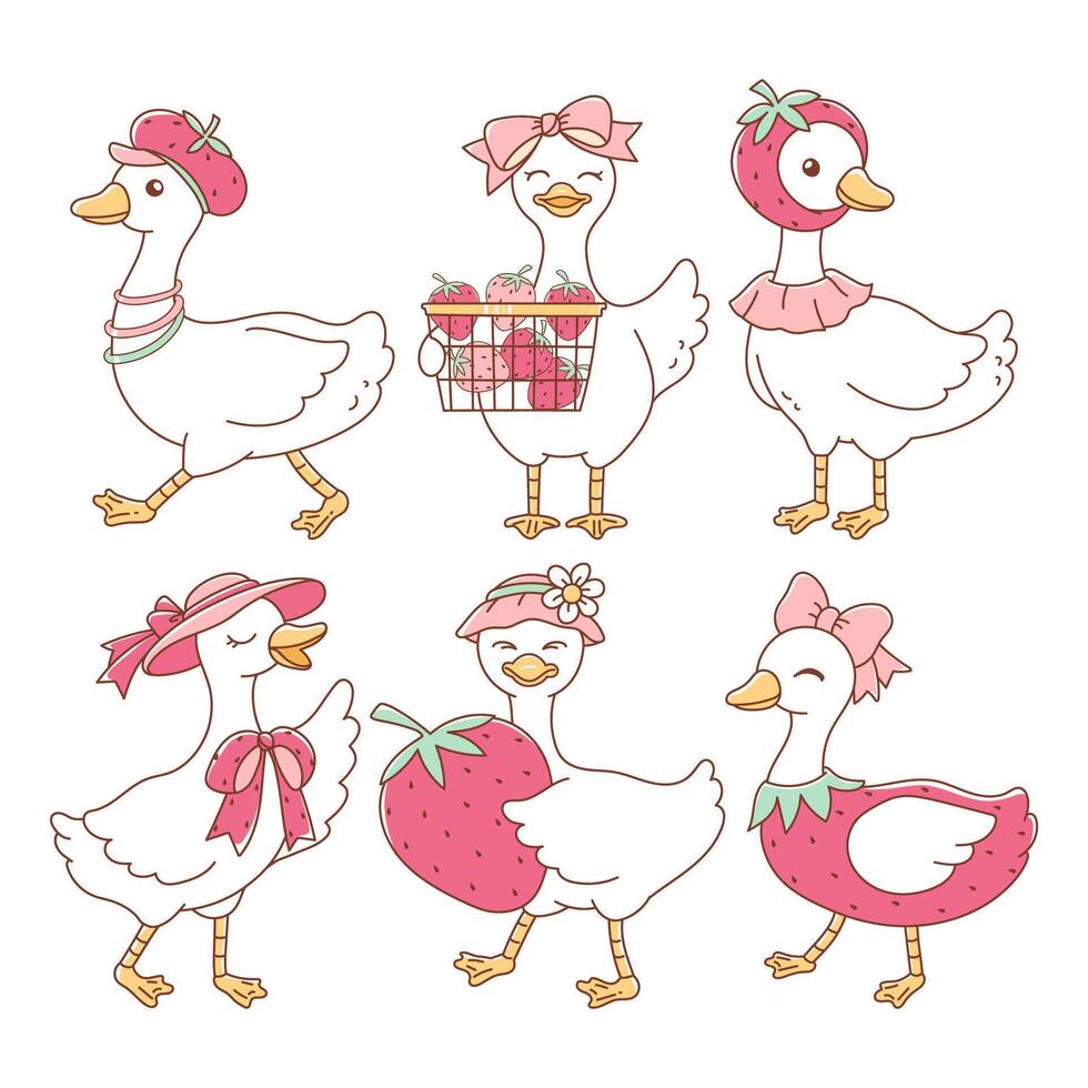 Strawberry Silly Goose and Trendy Goose Doodle Cartoon Style Hand Drawn Elements vector
