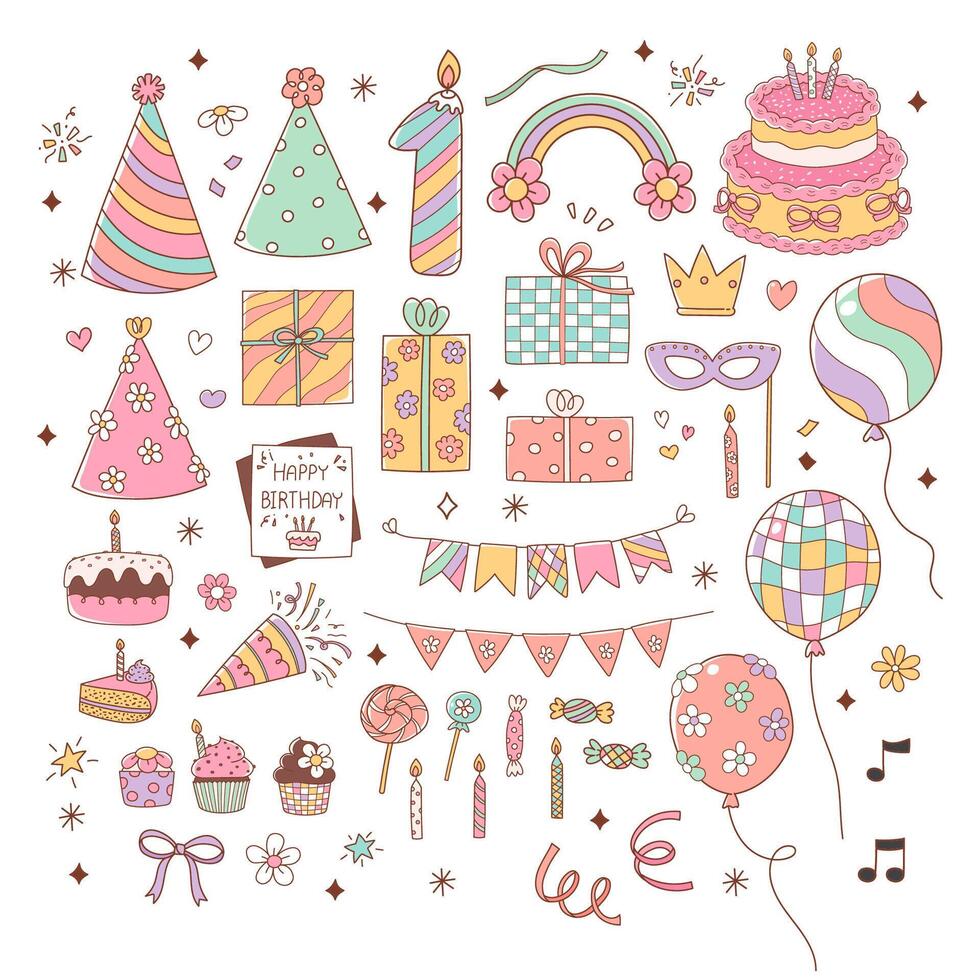 Birthday Party Doodle Cartoon Style Hand Drawn Elements vector