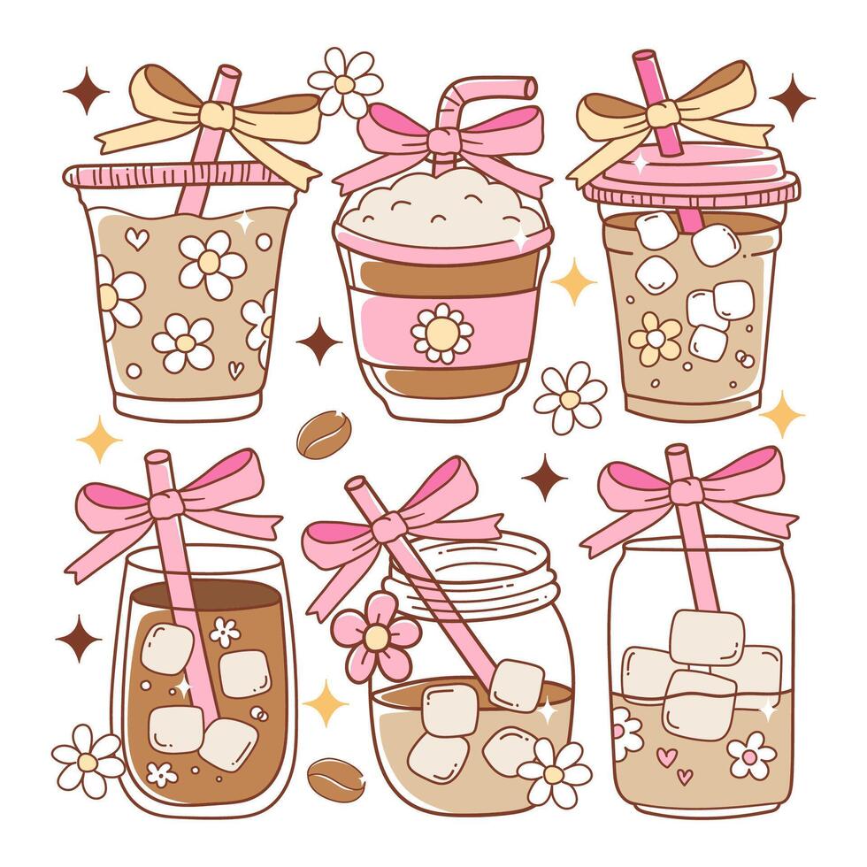 Coquette Iced Coffee Lover, Girly Iced Coffee Trendy Doodle Cartoon Style Hand Drawn Elements vector
