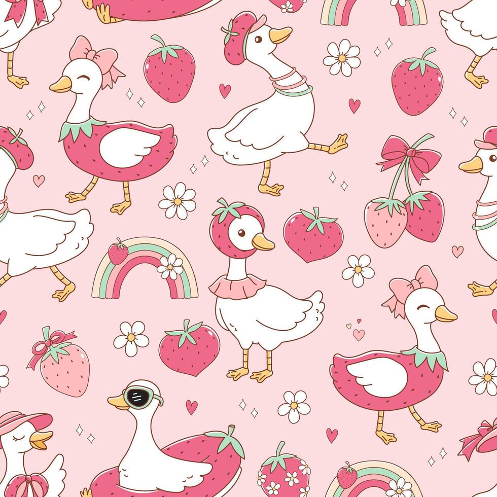 Strawberry Silly Goose Seamless Pattern Isolated on Pink Background vector