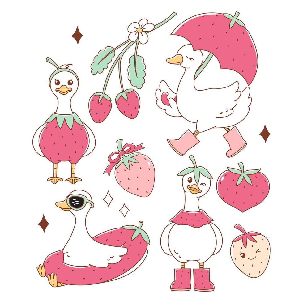 Silly Goose with Strawberry and Trendy Goose Doodle Cartoon Style Hand Drawn Elements vector