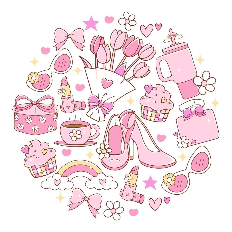 Sweet Girly Pink, Coquette Girly All about Pink Trendy Doodle Cartoon Style Hand Drawn Elements vector