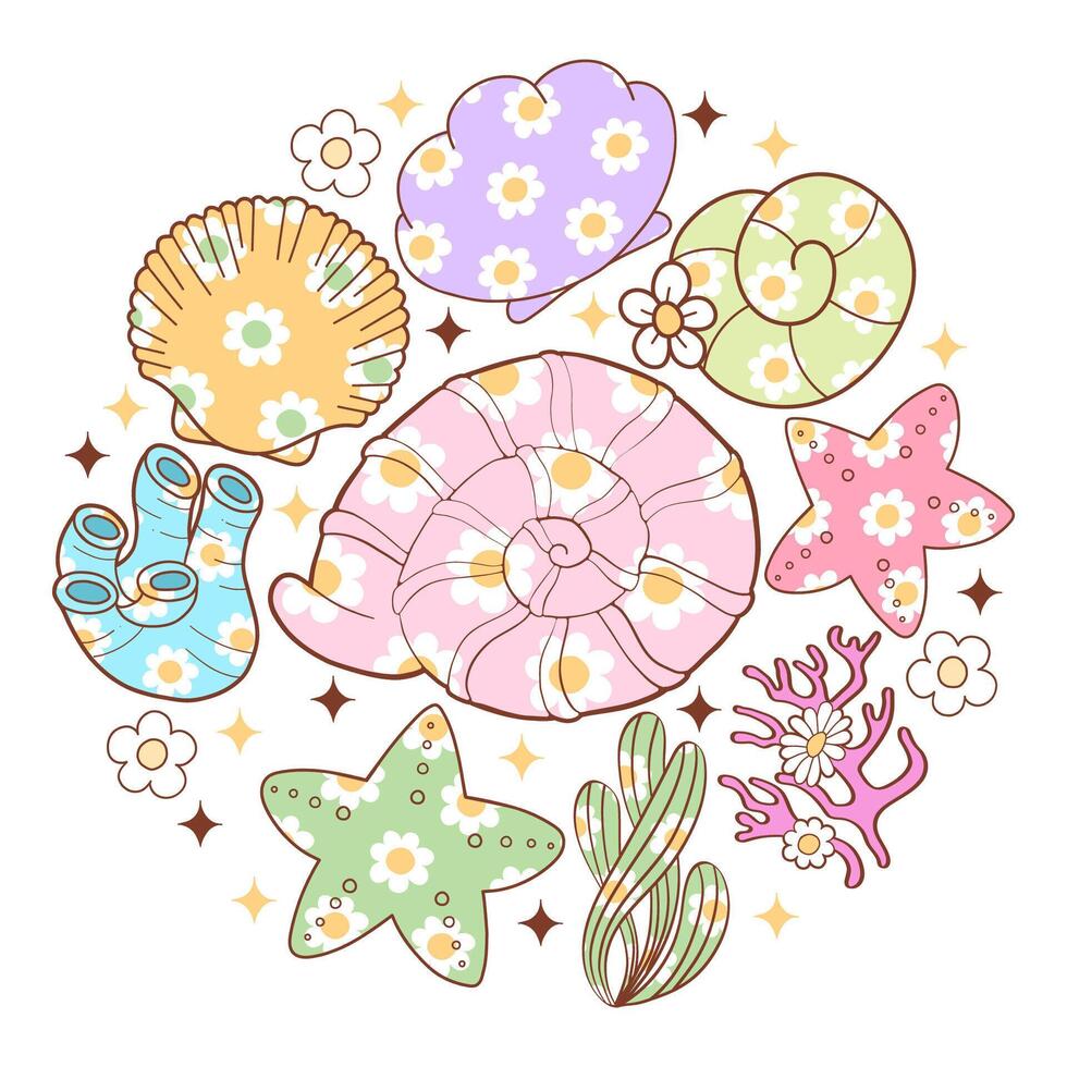 Pastel Groovy Seashell, Flower Seashell Doodle Cartoon Style Hand Drawn Elements vector