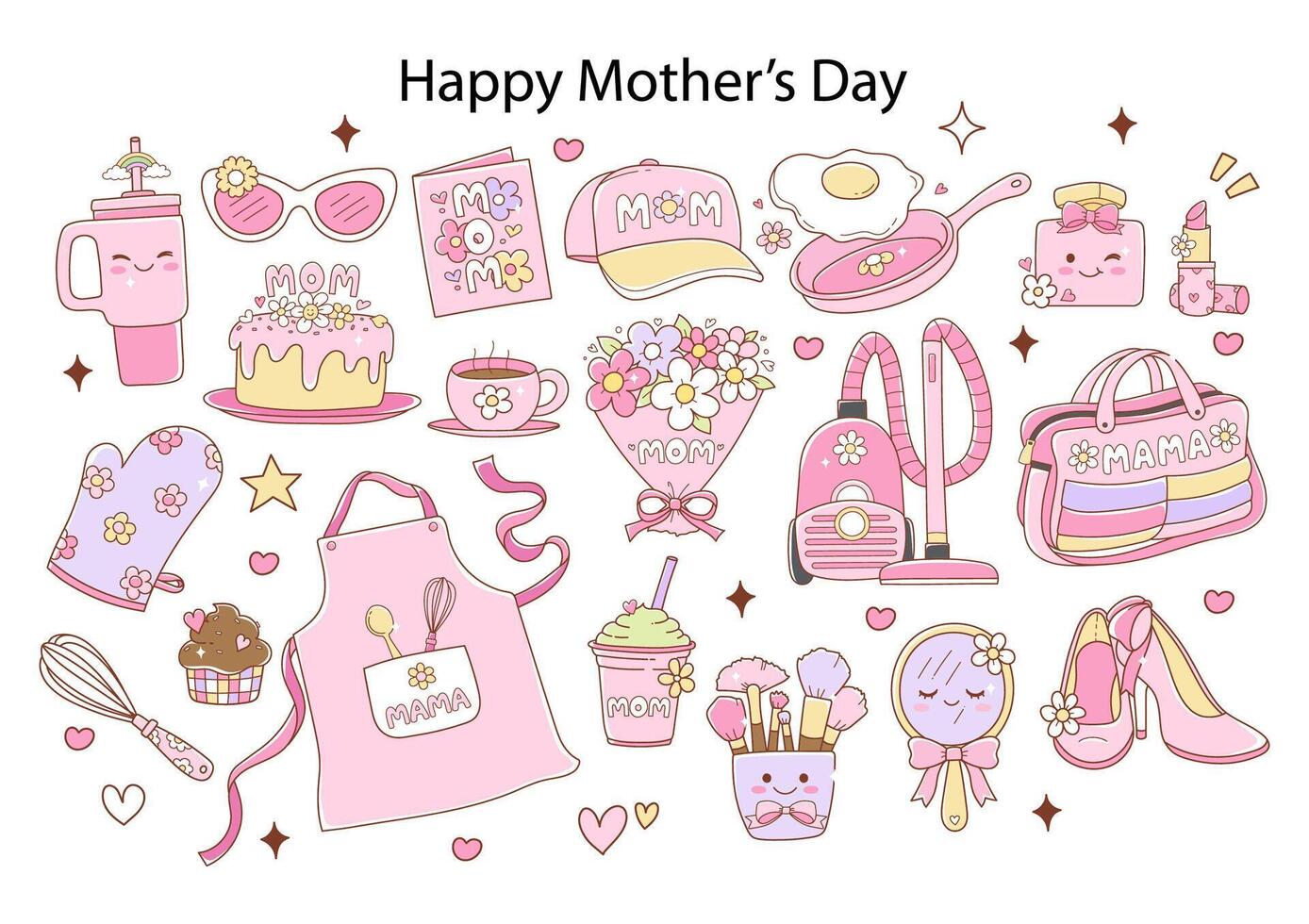 Mother s Day with Retro and Trendy Mom Life Doodle Cartoon Style Hand Drawn Elements vector
