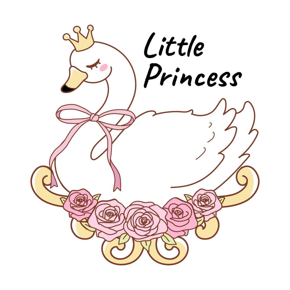 Coquette Little Princess Swan Trendy Doodle Cartoon Style Hand Drawn Elements vector