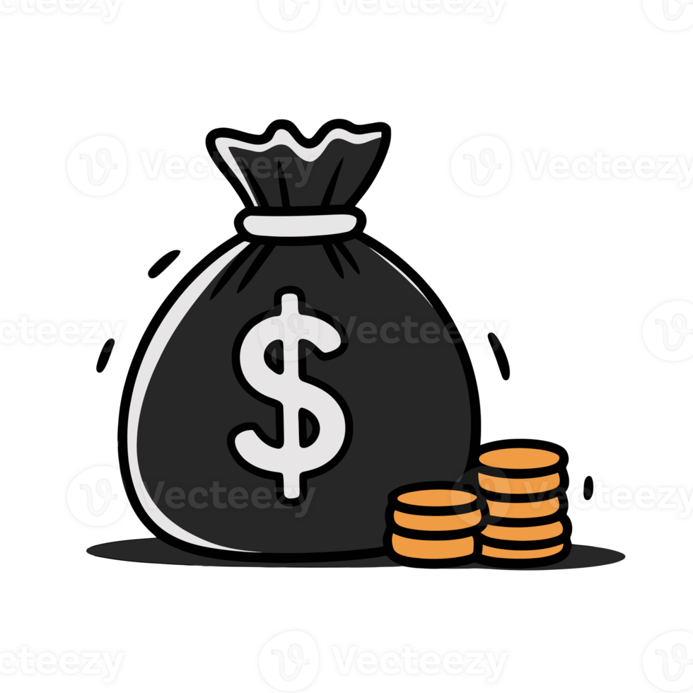 A cartoon-style image depicts a large money bag with a prominent dollar sign and a stack of coins beside it. cutouts png