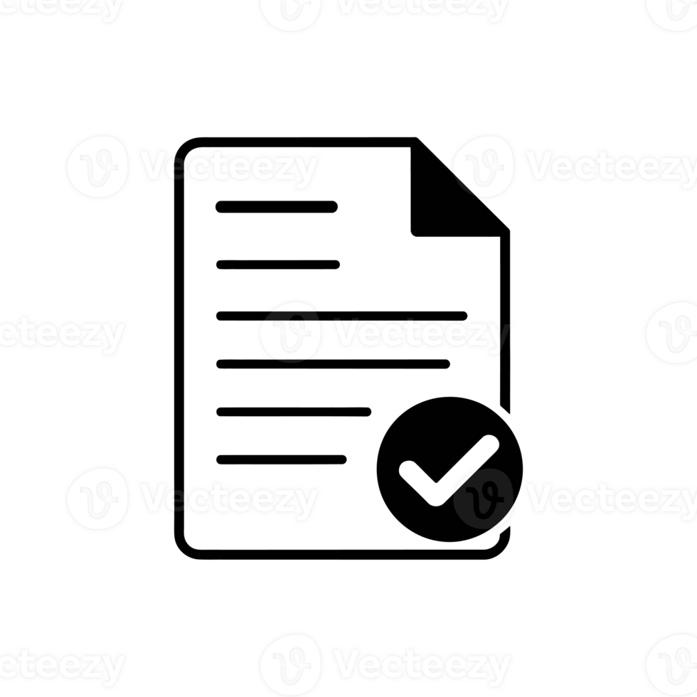 A simple black icon depicts a document with lines suggesting text and a bold checkmark in a circle on its lower right corner cutouts png
