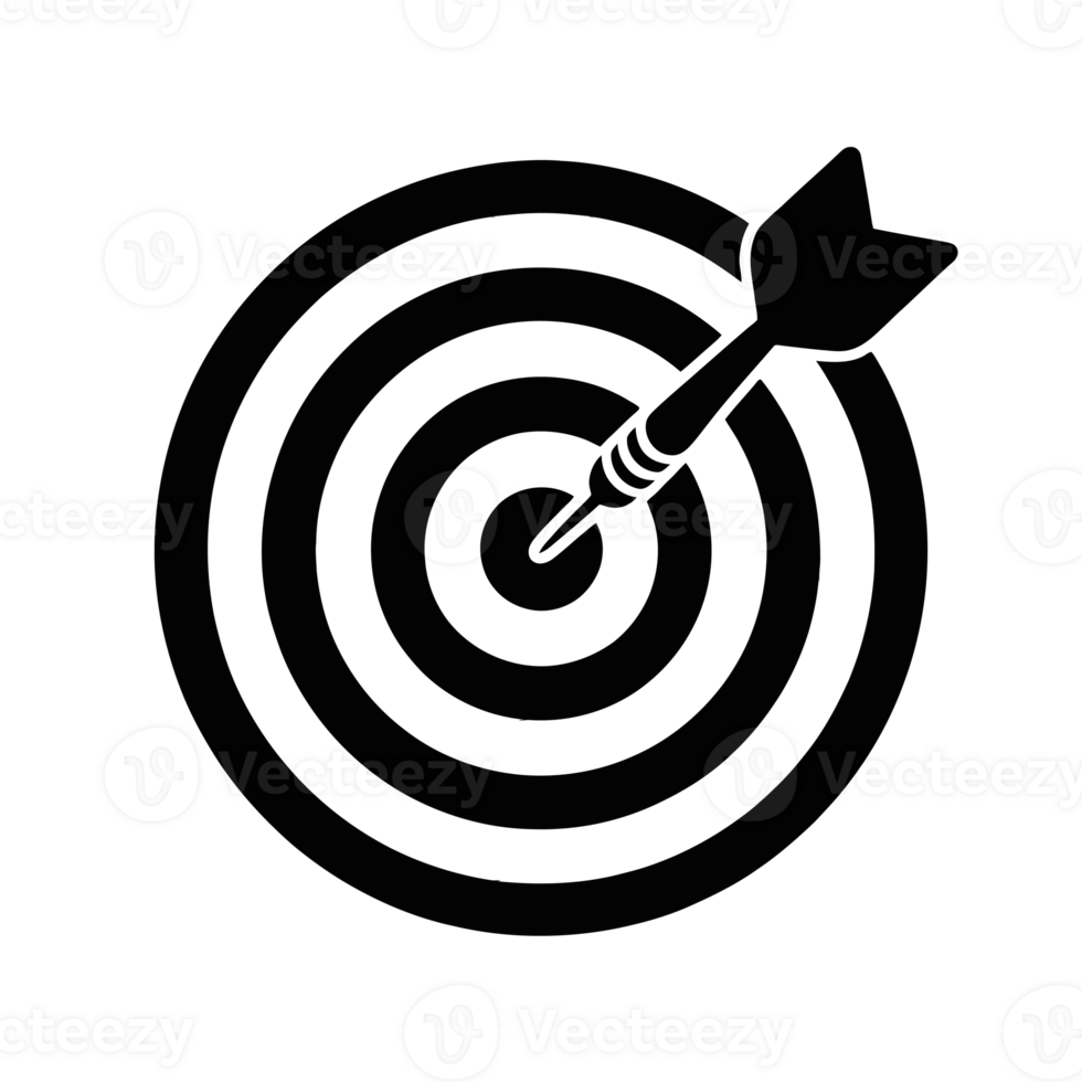 A black bullseye target is depicted with a single dart perfectly hitting the center. cutouts png
