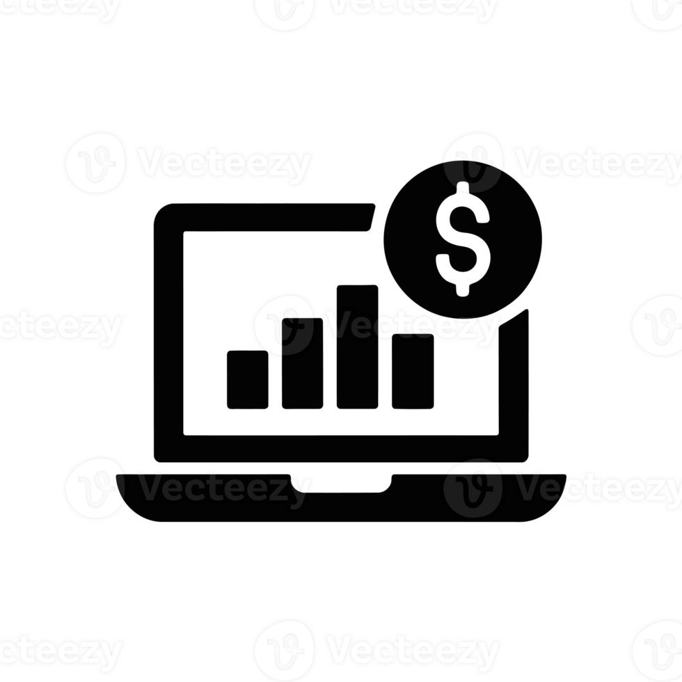 A black icon depicts a laptop displaying a bar chart on its screen, with a dollar sign symbol beside it cutouts png